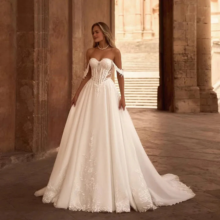 Vintage Satin Off Shoulder Bridal Dress