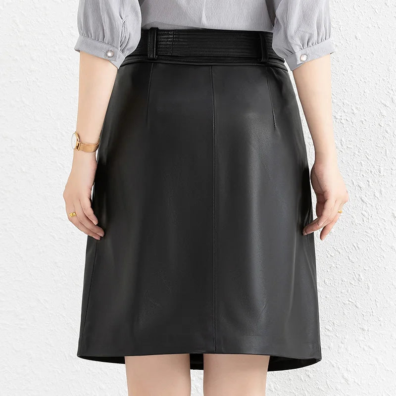Black leather midi skirt with wide waistband and central front seam