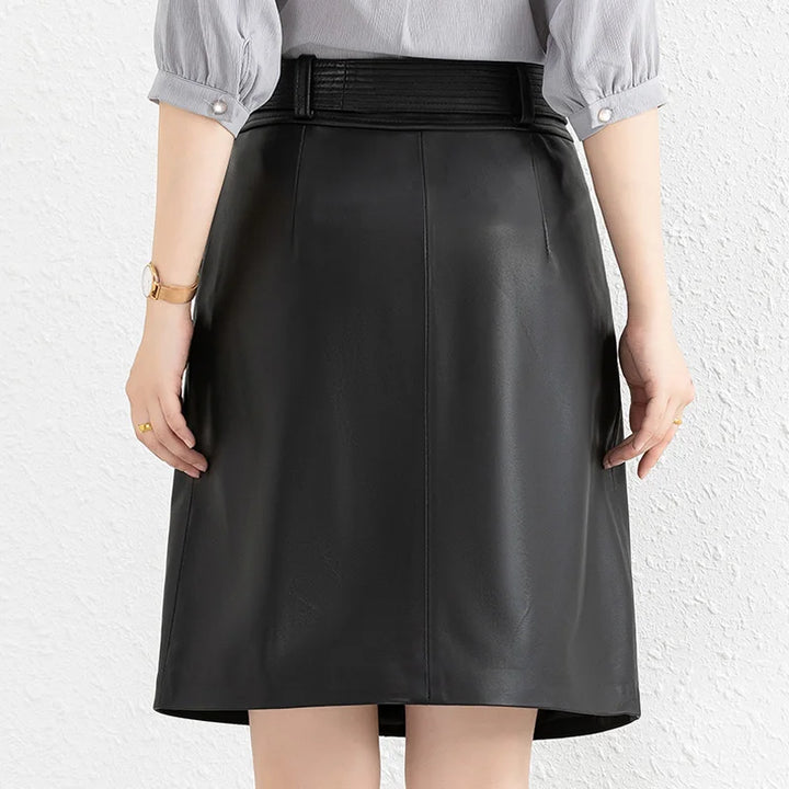 Black leather midi skirt with wide waistband and central front seam