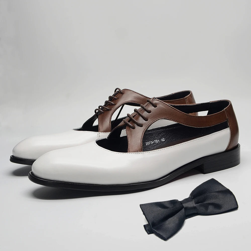 Men's two-tone leather lace-up sandal with brown and white panels and cutout design