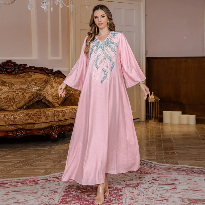 Elegant V-Neck Embroidered Abaya Dress