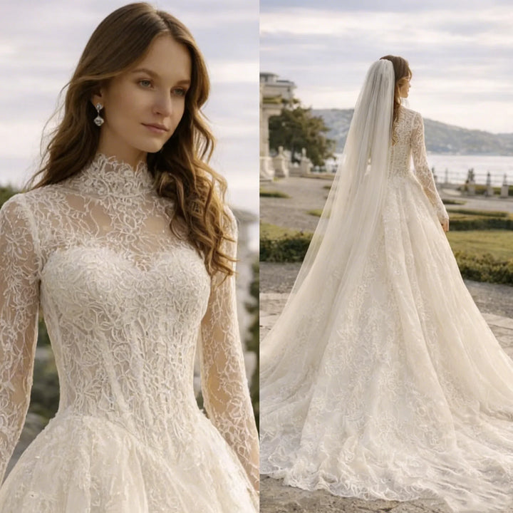 High-neck lace bridal gown close-up front with long sleeves and fitted waist