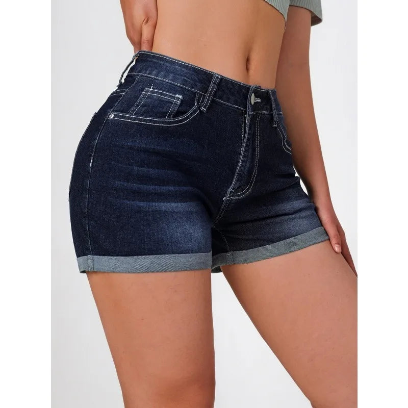 Versatile Elastic Waist Denim Shorts