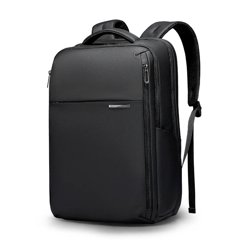 Black oxford laptop backpack with textured finish, top handle, and side zipper pocket