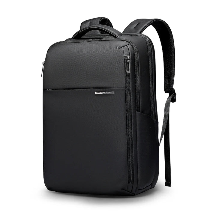 Black oxford laptop backpack with textured finish, top handle, and side zipper pocket