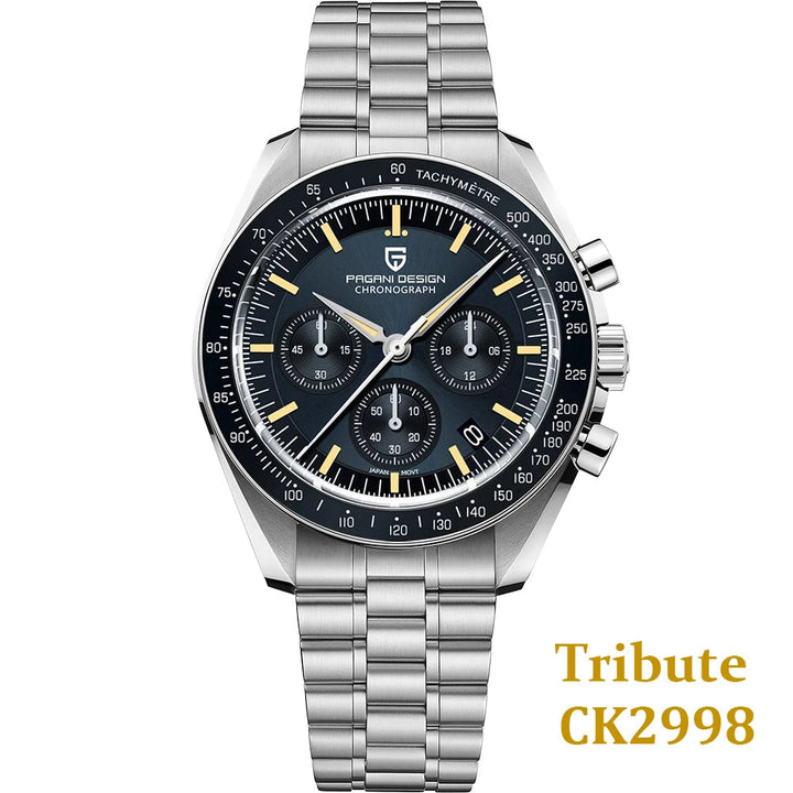 Pagani Design watch with silver bracelet and black dial on a white background