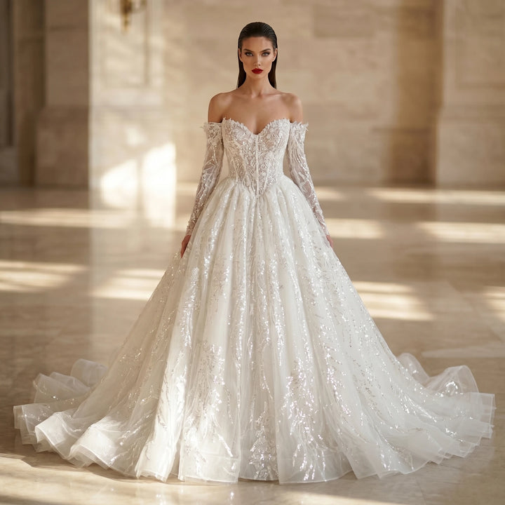 White off-shoulder sequin bridal gown with corset bodice and full tulle skirt