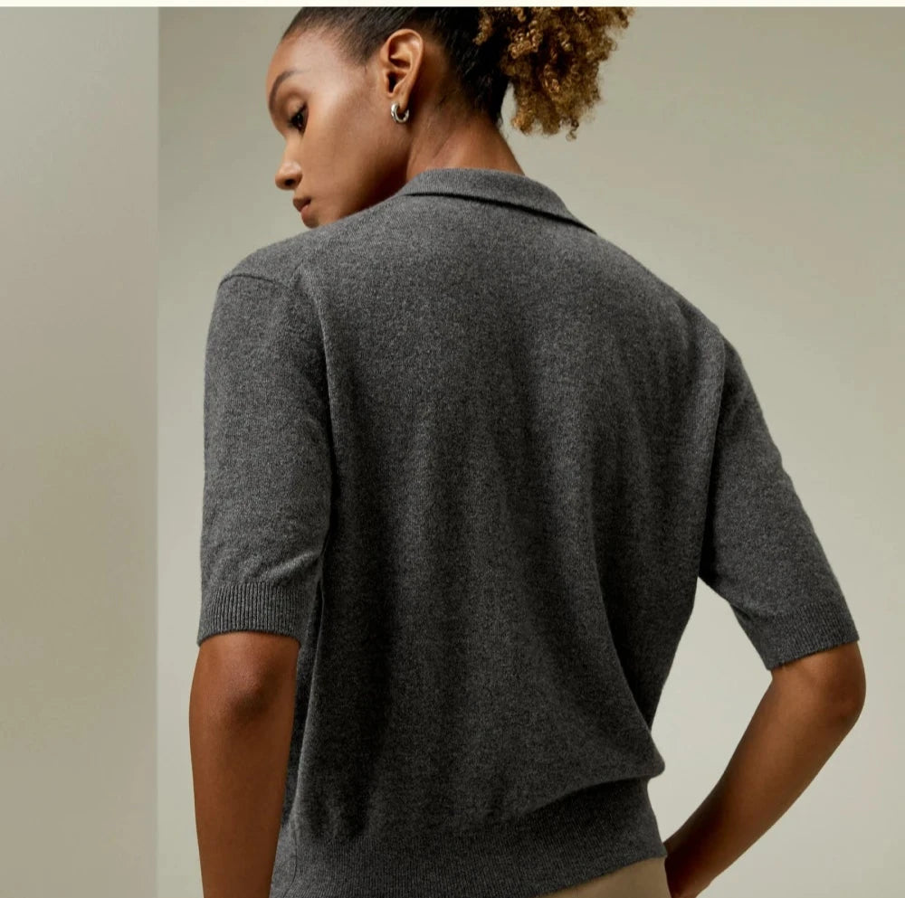 Ribbed Trims Cashmere Polo Sweater