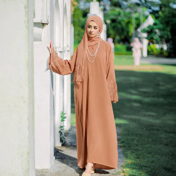 Caramel brown modest abaya dress with matching headscarf, lace detail on sleeves