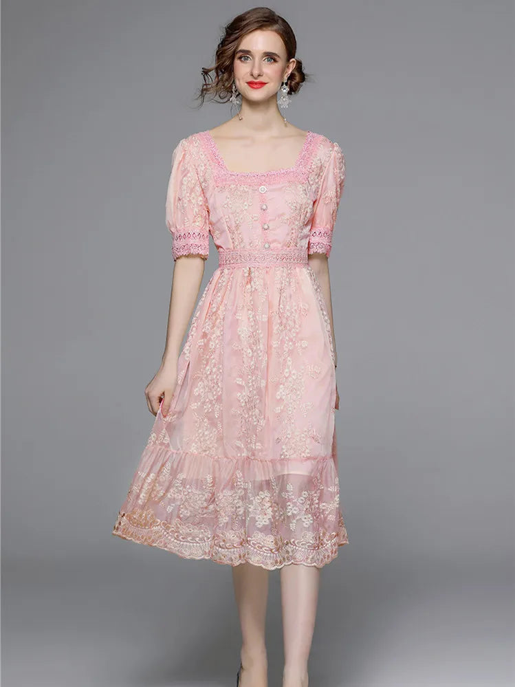 Sweet Lace Embroidered A-Line Midi Dress