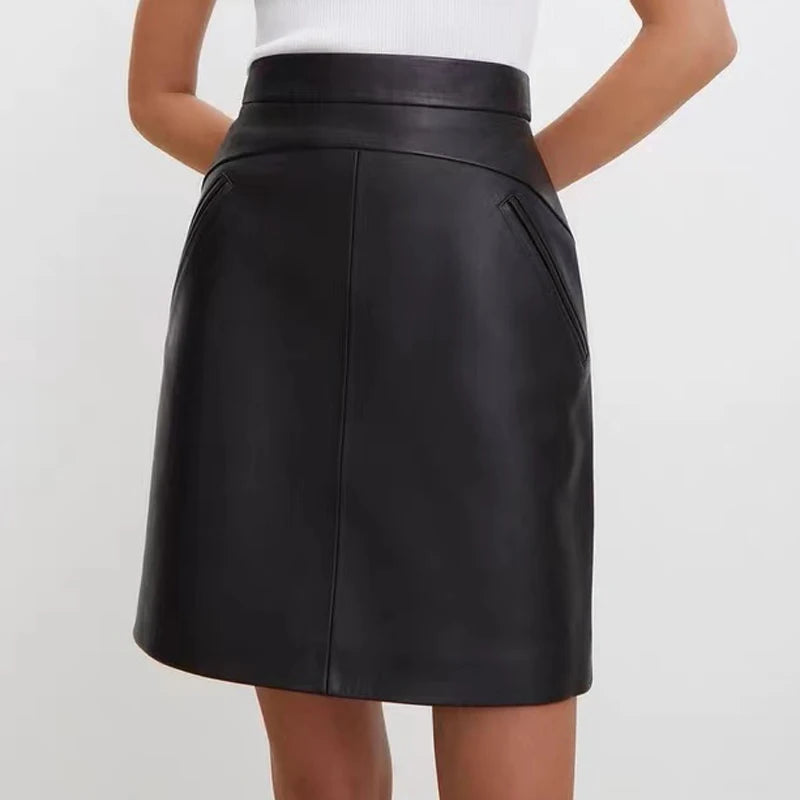 Black high-waist leather mini skirt with side slit look and curved front seams