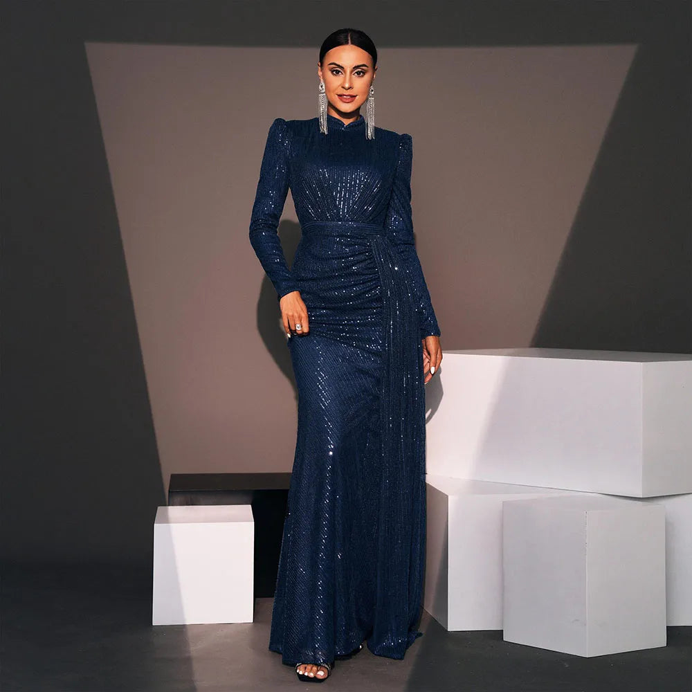 Mermaid Sequin Draped Evening Gown