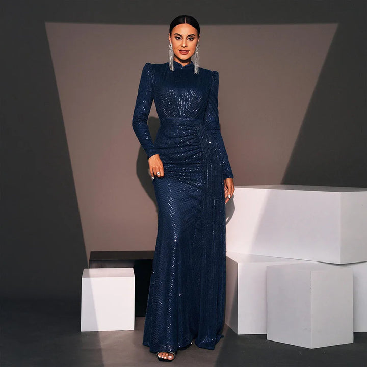 Mermaid Sequin Draped Evening Gown