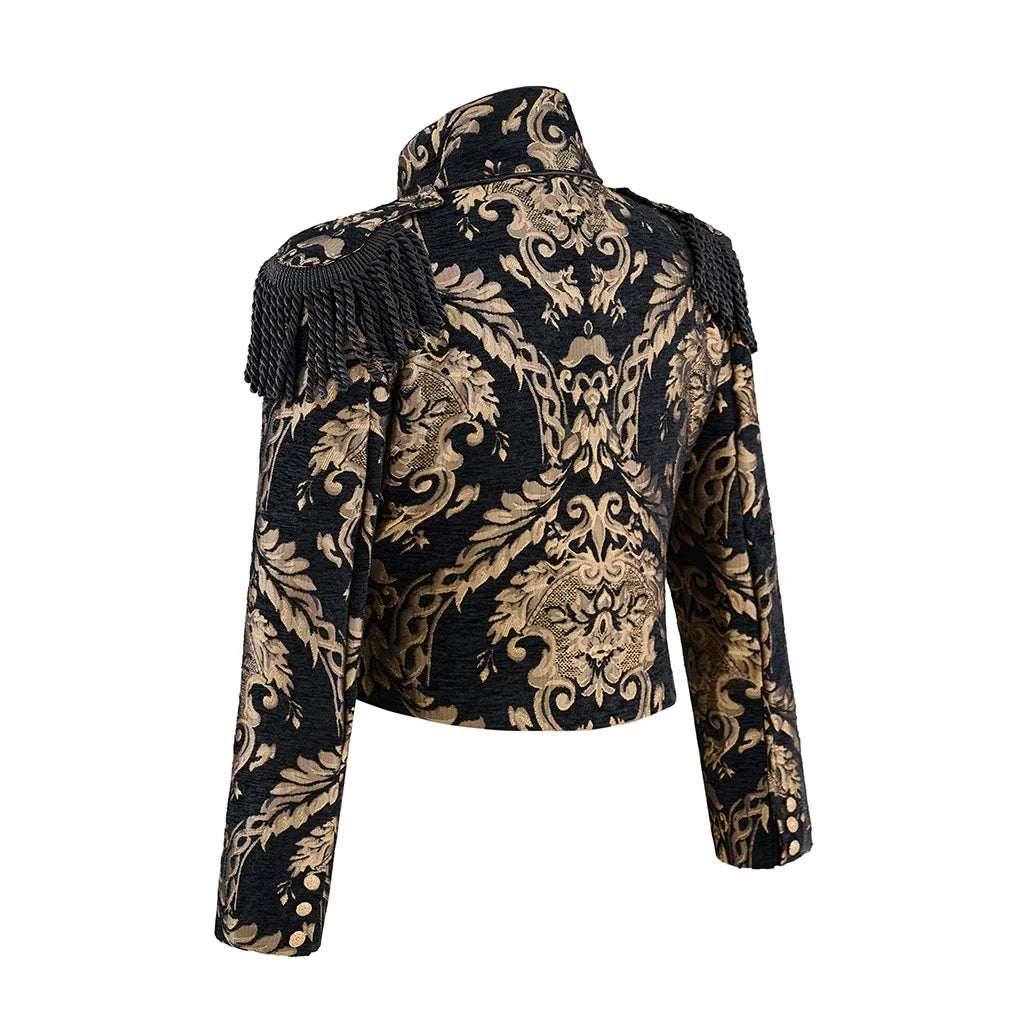 Women’s steampunk coat, black base with gold baroque print, stand collar, long sleeves