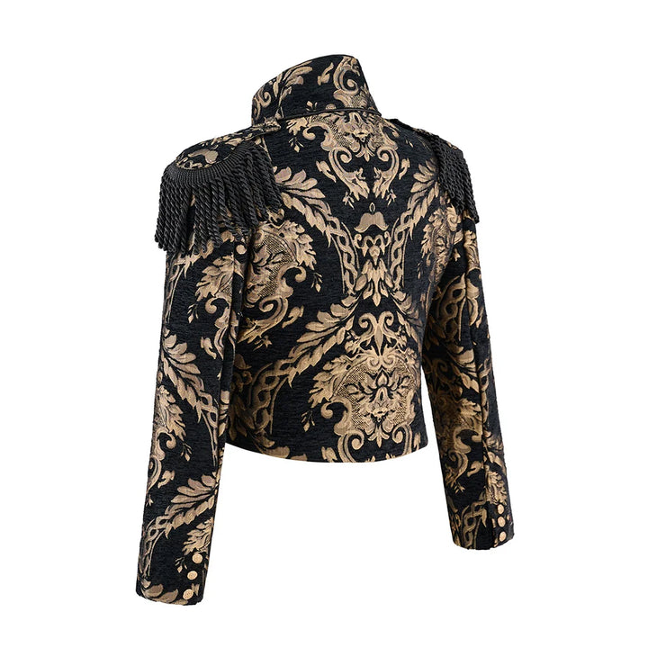 Women’s steampunk coat, black base with gold baroque print, stand collar, long sleeves