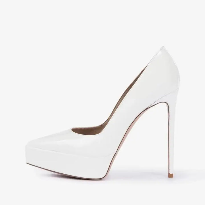 Single white patent leather pointed-toe pump with high stiletto heel and platform