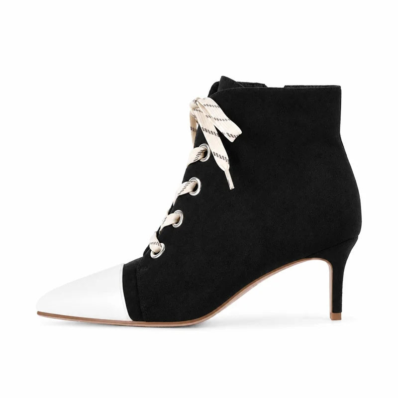 Black faux suede lace-up ankle boot with white laces and small block heel