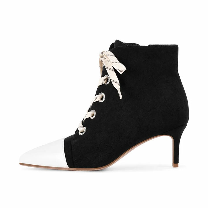 Black faux suede lace-up ankle boot with white laces and small block heel