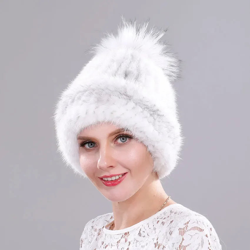 Luxury Fur Pompom Knitted Beanie Cap