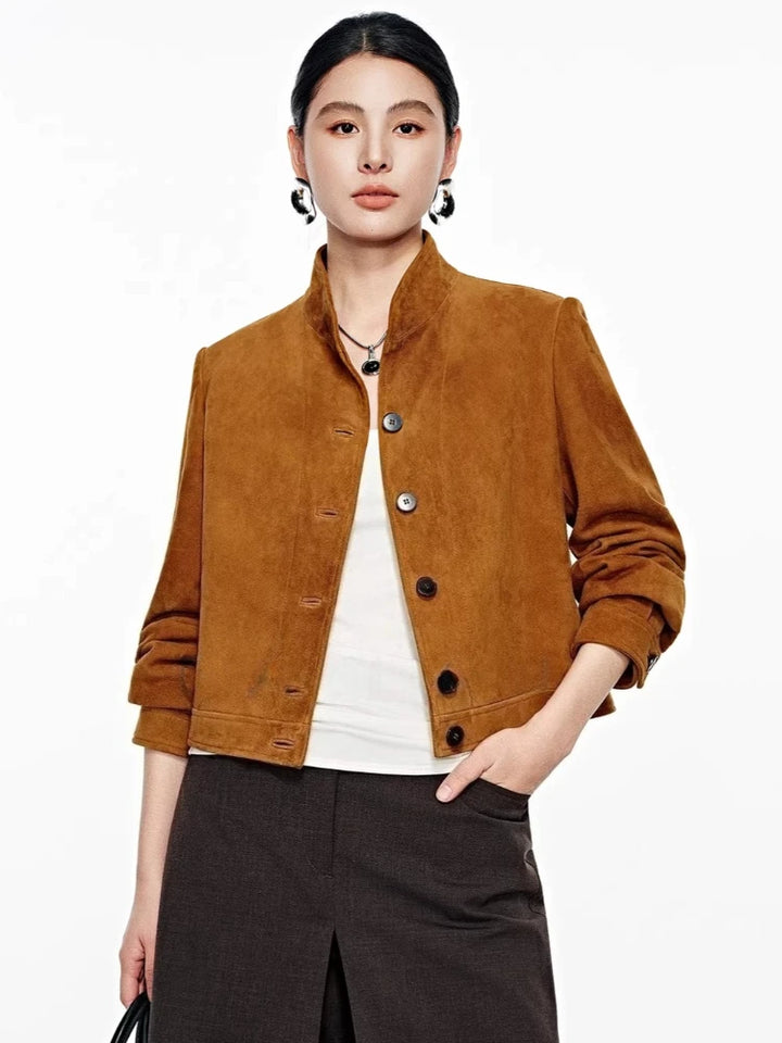 Brown suede jacket with snap front, stand collar, cuffed sleeves, straight hem.