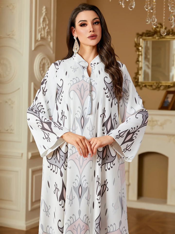 Elegant Printed Tassel Abaya Dress
