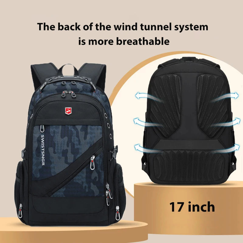 Waterproof Oxford backpack, black with camouflage panel, 17-inch, padded straps