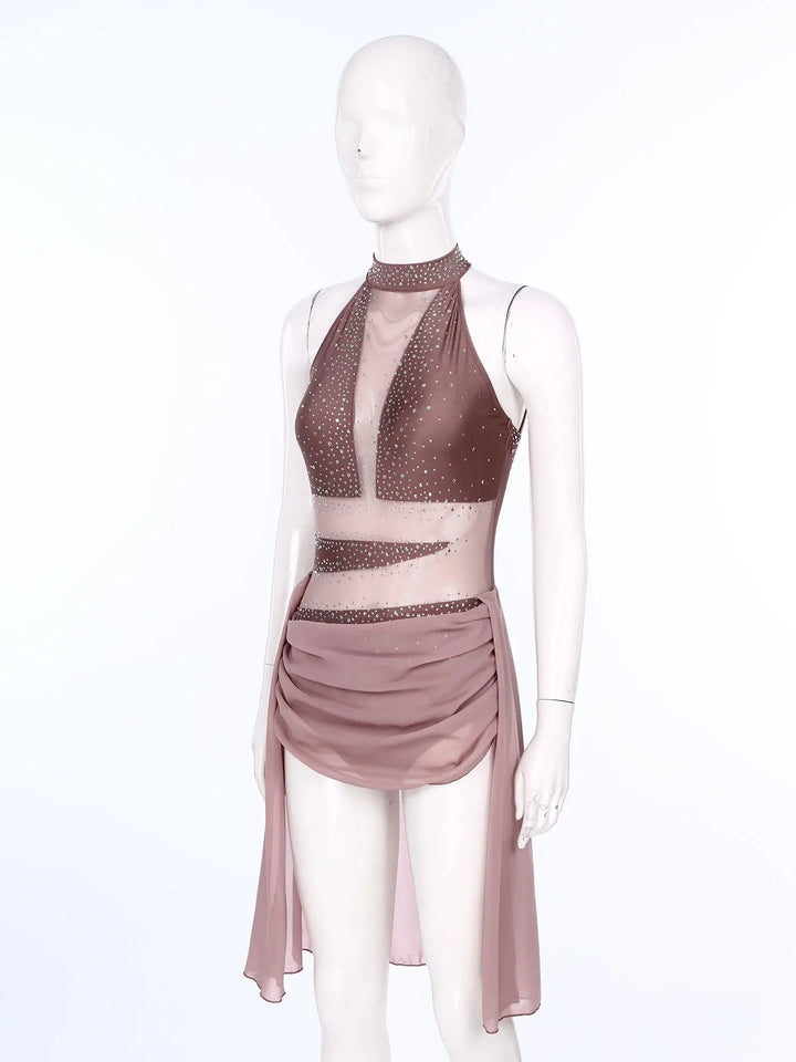 Dusty pink rhinestone mesh ballet dress on mannequin, halter top and draped overlay