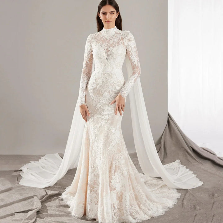 Luxury High Neck Lace Accents Wedding Dress