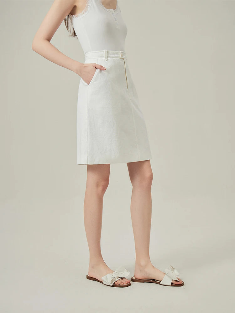 Straight Tube White Jacquard Skirt