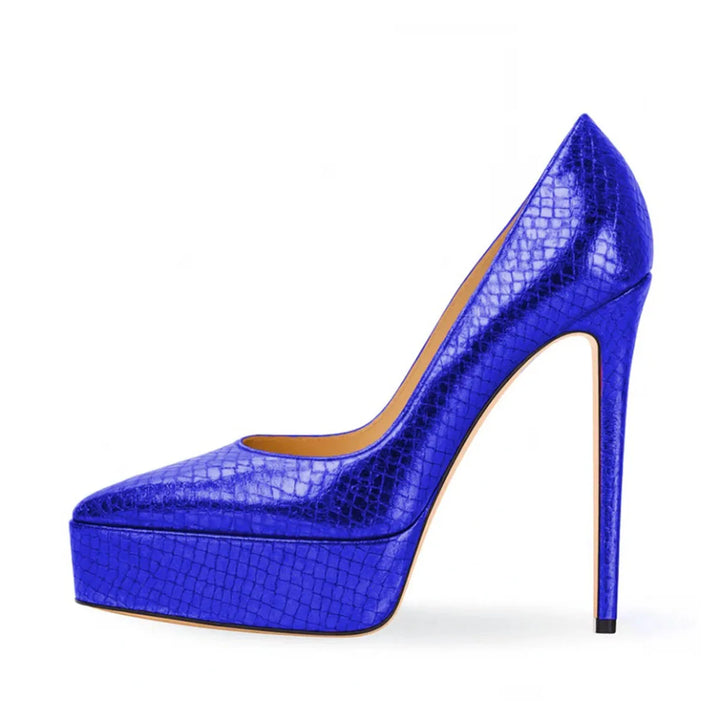 Women’s high-heel pump shoe in cobalt blue textured leather, platform sole, stiletto heel