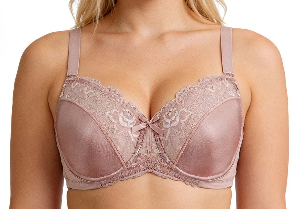 Pink lace underwire bra with scalloped lace trim and front bow