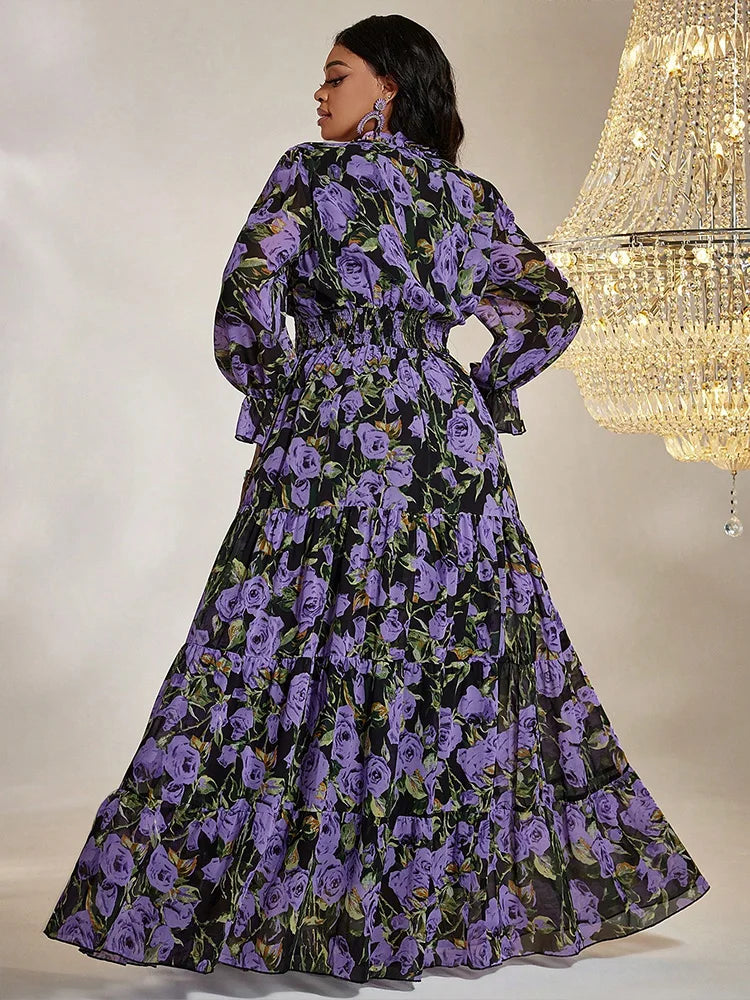 Vintage Print Plus Size Chiffon Maxi Dress