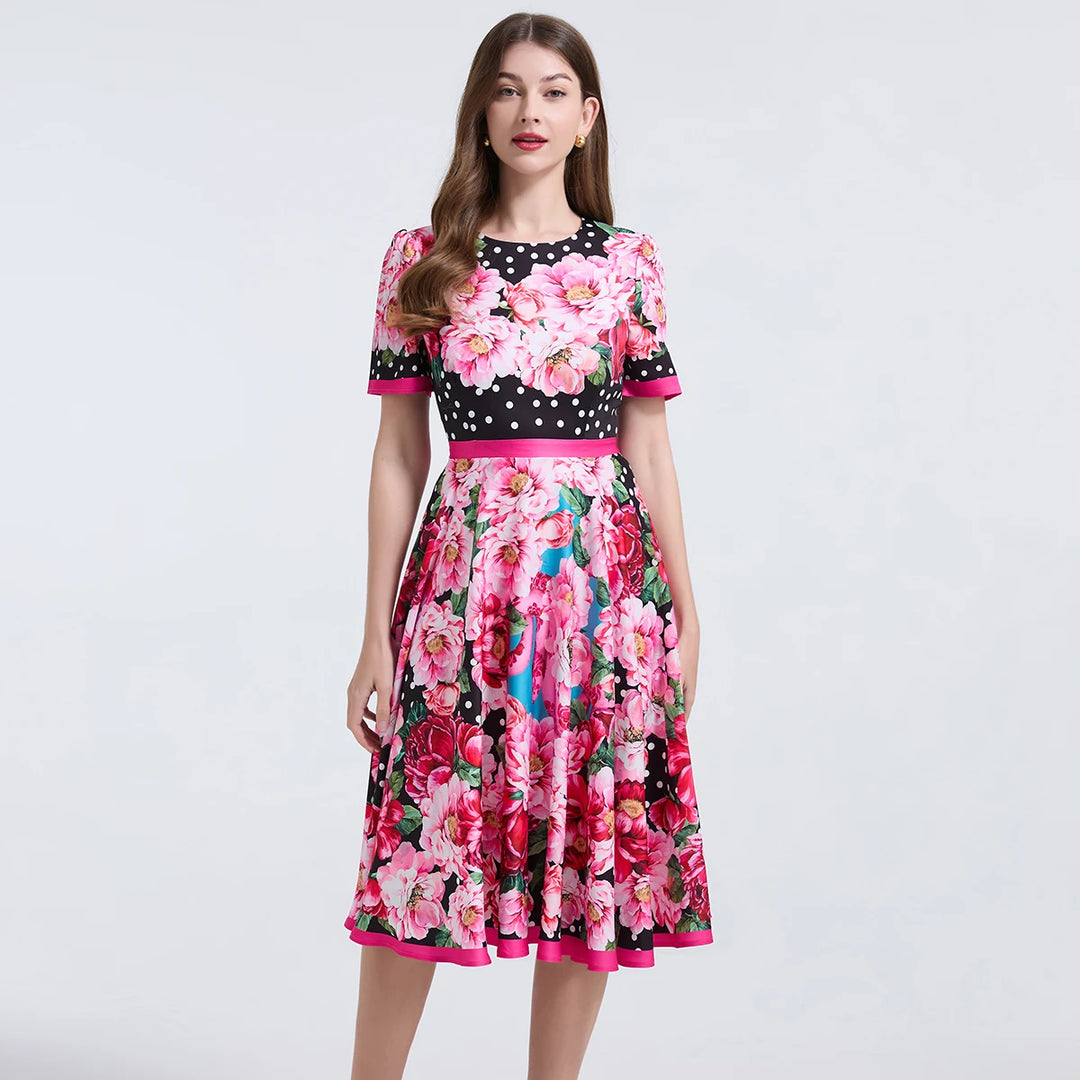 Elegant Short Sleeve Floral Mid Dress