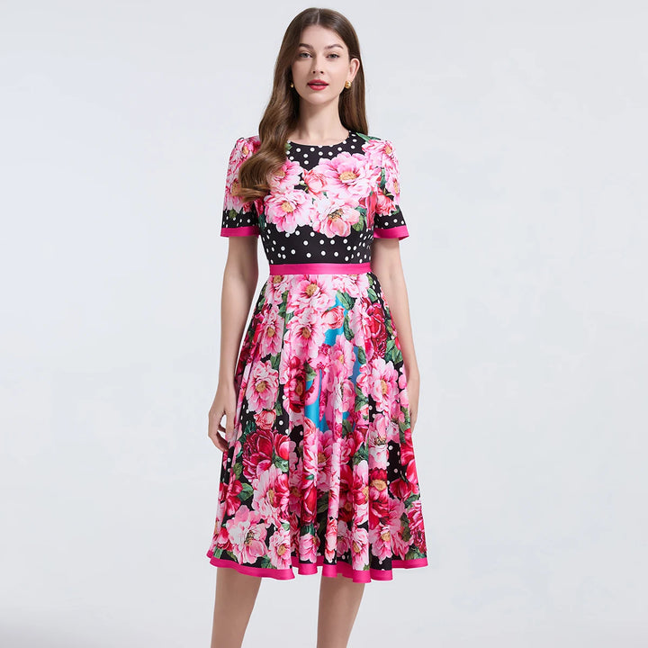 Elegant Short Sleeve Floral Mid Dress