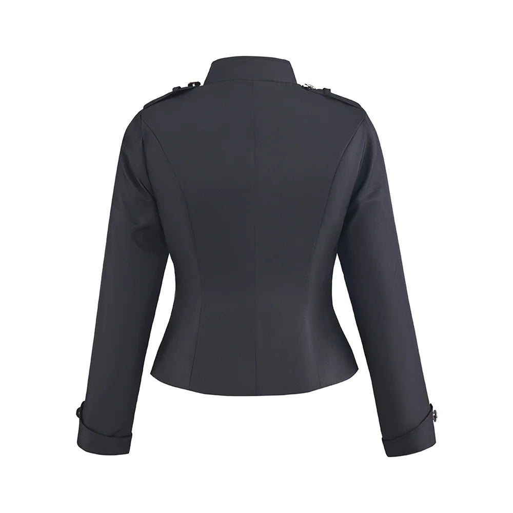 Black blazer back view with structured shoulders and cuff straps