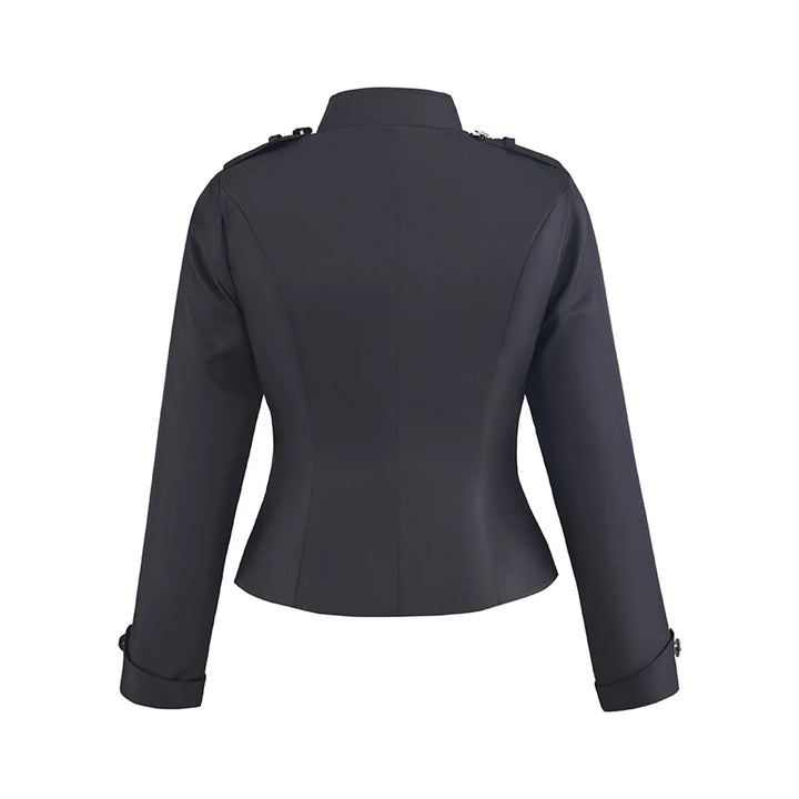 Black blazer back view with structured shoulders and cuff straps