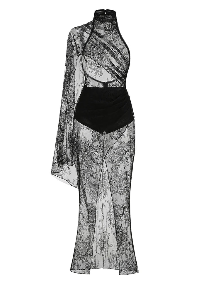 Black sheer lace maxi gown with high neckline, long sleeves, and layered bodice