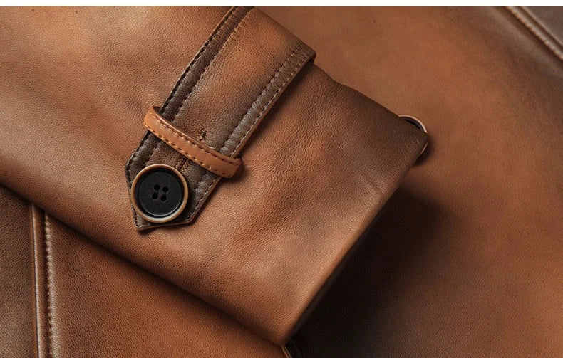 Vintage Natural Sheepskin Leather Long Coat