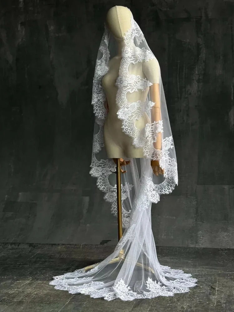 Regal Lace Hem Long Wedding Veil