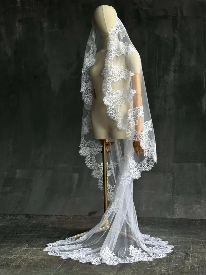 Regal Lace Hem Long Wedding Veil