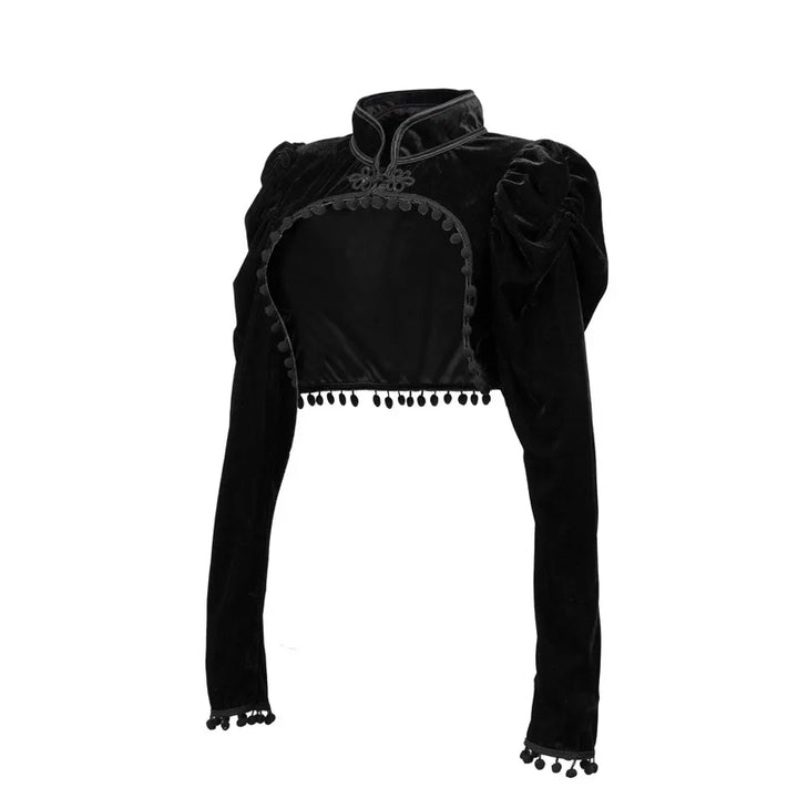Black long-sleeve crop top with high collar, scalloped lace panel, and tassel details