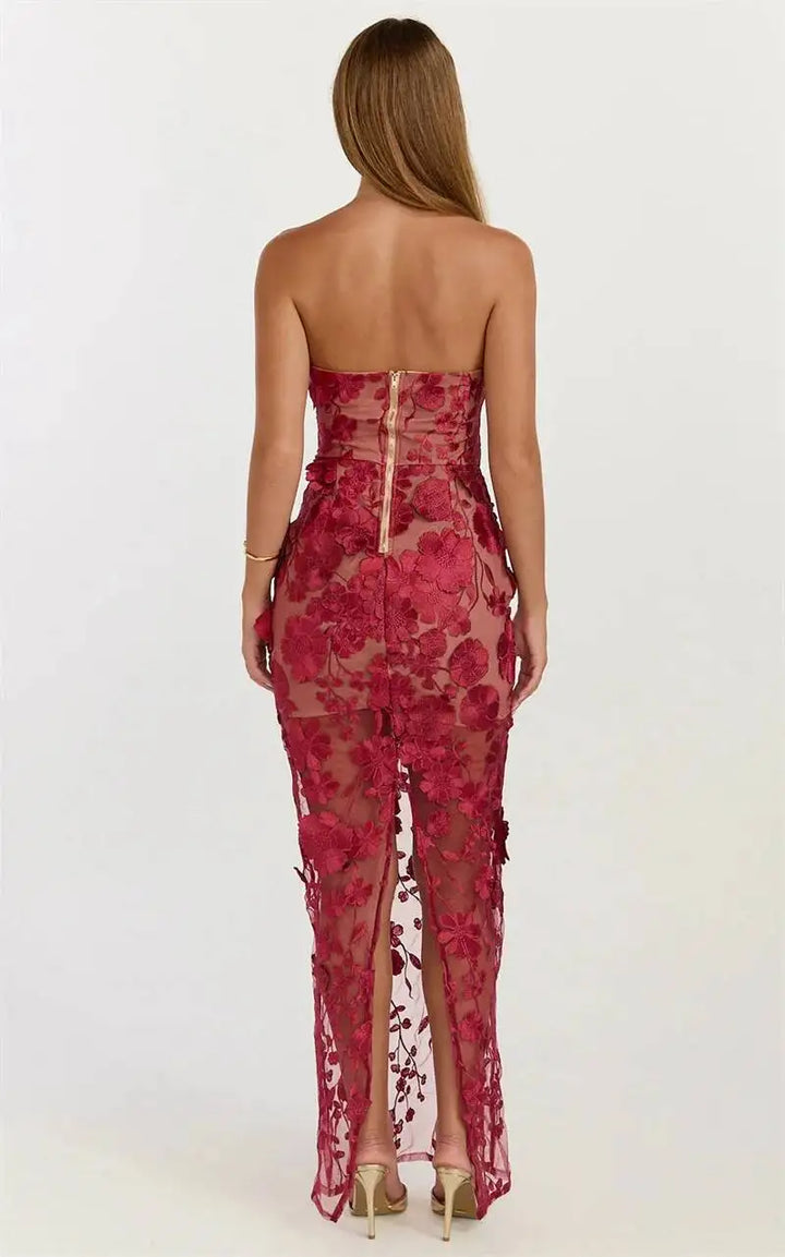 Women’s lace party gown with 3D floral appliques, open back, and long fitted skirt