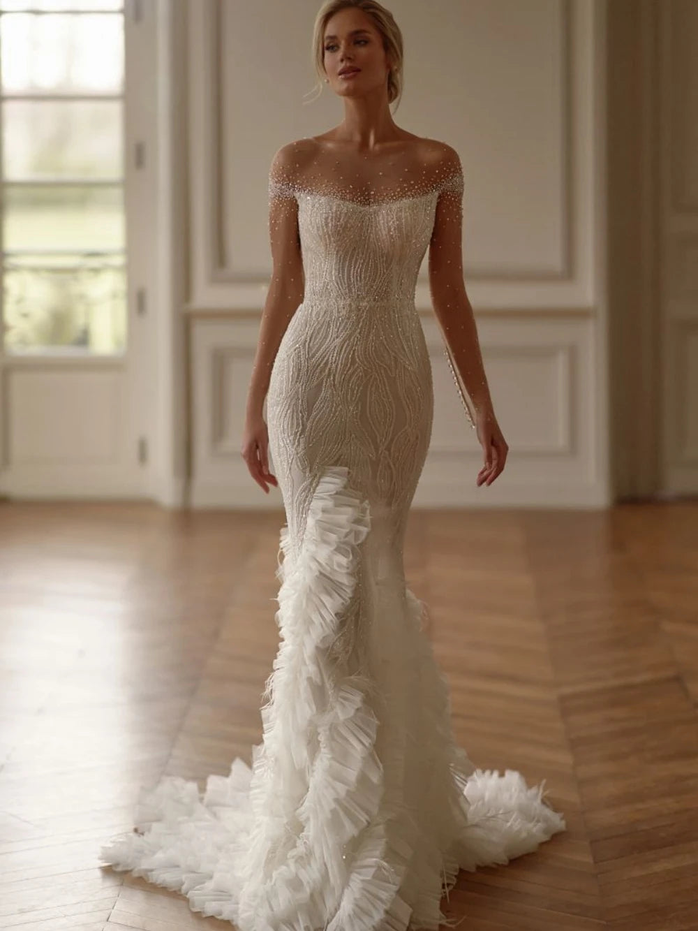 Charming Ruffles Beaded Bridal Dress
