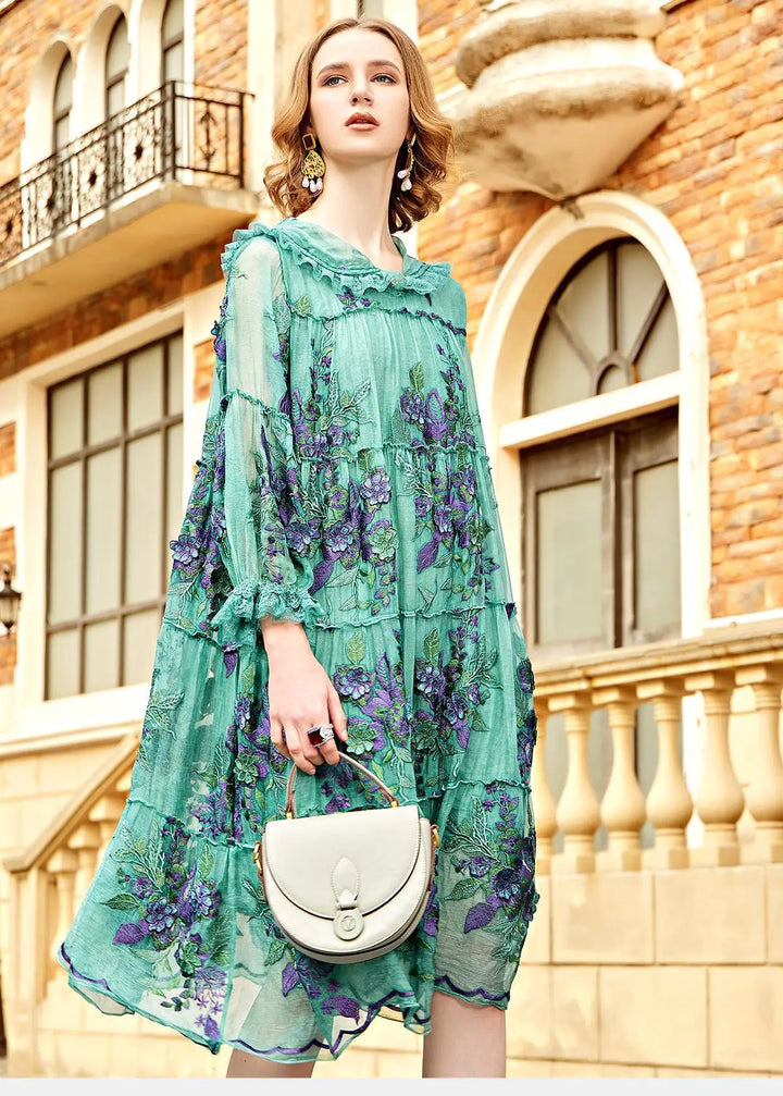 Verdant Green Floral Silk Dress