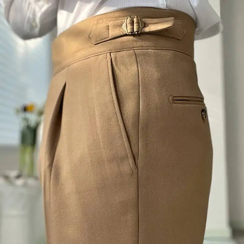 Men's khaki beige flat-front formal dress pants, belt loops and front crease
