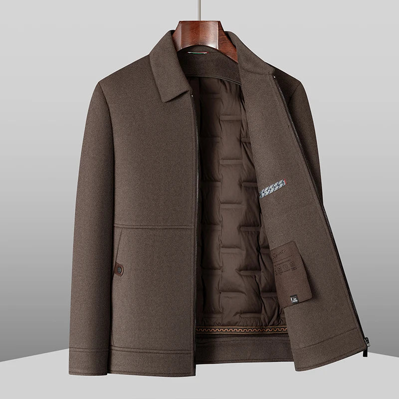 Khaki detachable goose down coat with stand collar and front zipper