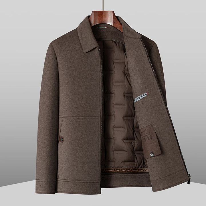 Khaki detachable goose down coat with stand collar and front zipper