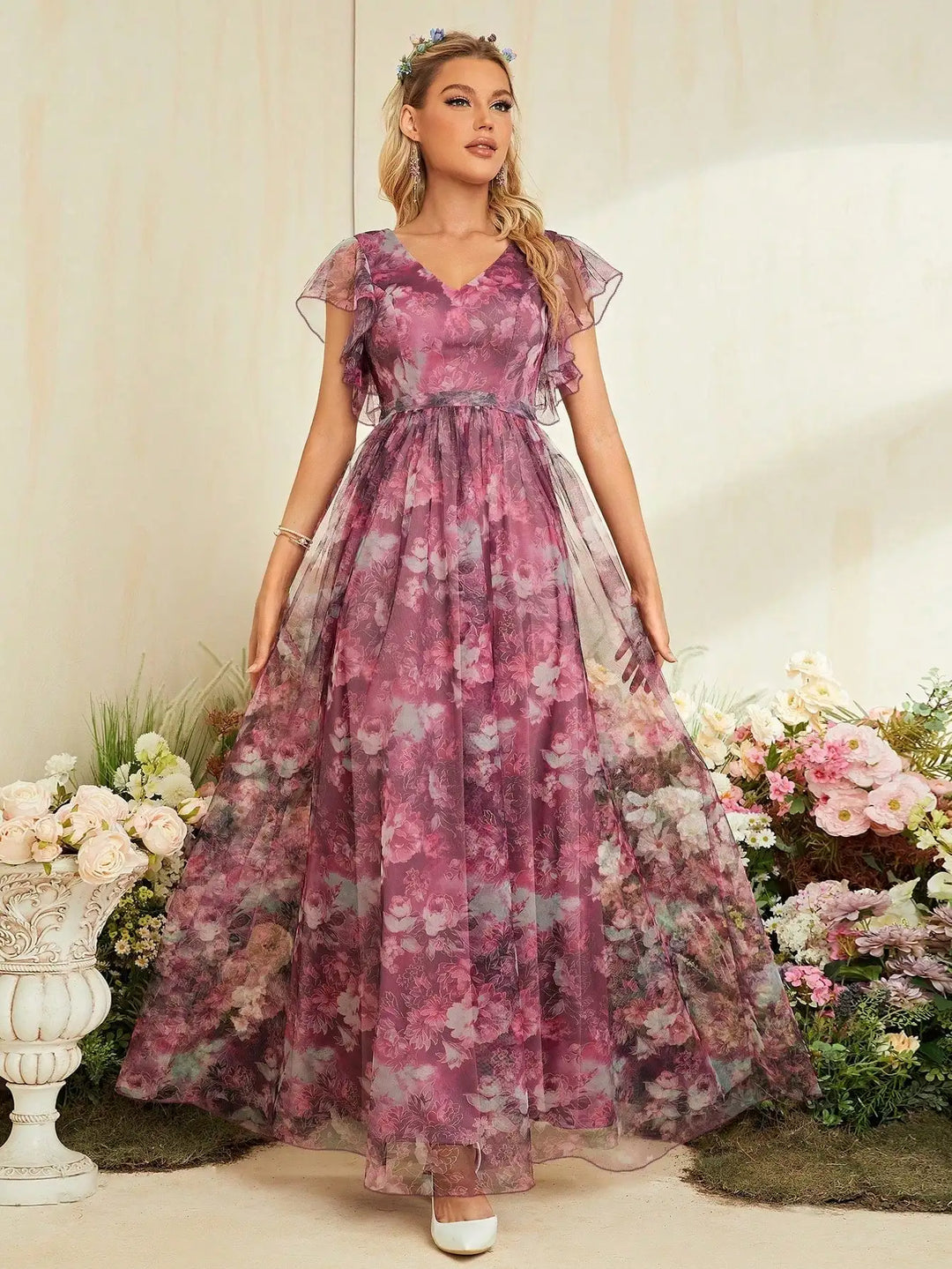 Stunning Ruffled Lace Evening Party Dress