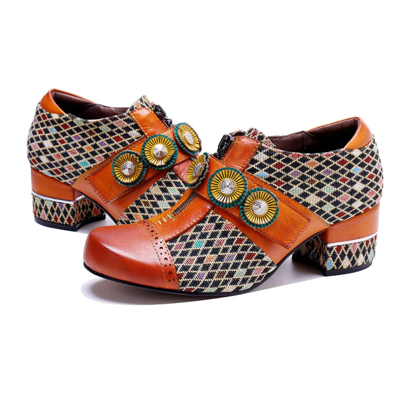 Orange and multicolor woven slingback shoes with low block heel and circular appliques