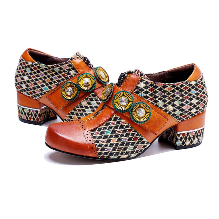 Orange and multicolor woven slingback shoes with low block heel and circular appliques